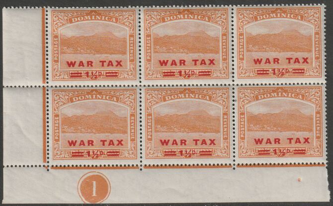 Dominica 1919 War Tax 1.5d on 2.5d orange SW corner block of 6 with Plate No.1, unmounted mint SG 59