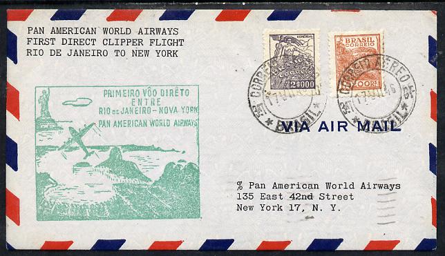 Brazil 1946 Pan American Airways First Clipper Air Mail Flight cover Rio to New York with special illustrated Cachet