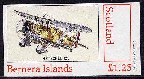 Bernera 1982 Aircraft #14 (Henschel 123) imperf souvenir sheet (£1.25 value) unmounted mint