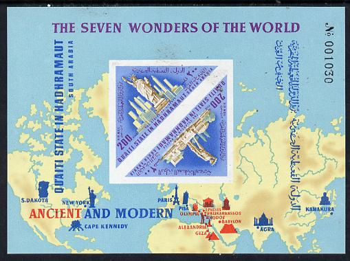 Aden - Qu'aiti 1967 Wonders of the World (Map, Statue of Liberty) imperf miniature sheet (Mi BL 23B) unmounted mint