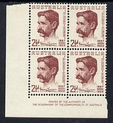 Australia 1949 Henry Lawson (poet) Commemoration imprint corner block of 4 unmounted mint, SG231