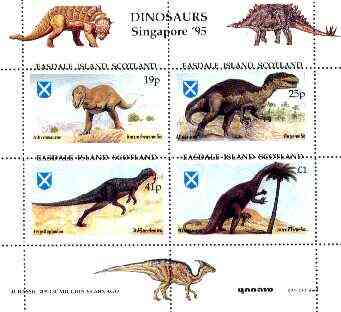 Easdale 1995 'Singapore 95' Stamp Exhibition (Dinosaurs #1 - Jurassic Period) perf sheetlet containing set of 4 with misplaced perforations unmounted mint