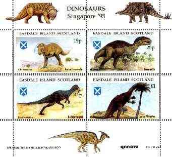 Easdale 1995 'Singapore 95' Stamp Exhibition (Dinosaurs #1 - Jurassic Period) perf sheetlet containing set of 4 with perforations doubled unmounted mint