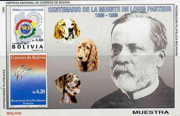Bolivia 1995 Death Centenary of Louis Pasteur imperf m/sheet opt'd MUESTRA