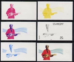 St Vincent 1985 Musical Instruments 35c (Quatro 4-stringed guitar) set of 6 imperf progressive proofs comprising the 4 individual colours plus 2 & 3 colour composites (as SG 906)