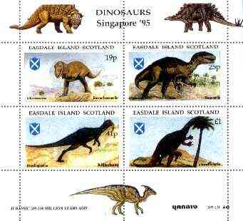 Easdale 1995 'Singapore 95' Stamp Exhibition (Dinosaurs #1 - Jurassic Period) perf sheetlet containing set of 4 rejected by printer due to over-inking (blue) unmounted mint
