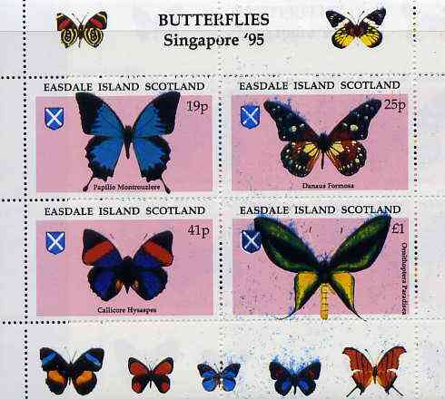 Easdale 1995 'Singapore 95' Stamp Exhibition (Butterflies) sheetlet containing perf set of 4 rejected by printer due to over-inking (blue) unmounted mint