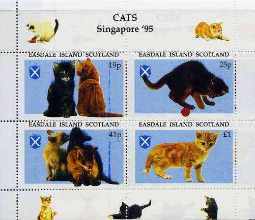 Easdale 1995 'Singapore 95' Stamp Exhibition (Cats) sheetlet containing perf set of 4 rejected by printer due to over-inking (blue) unmounted mint