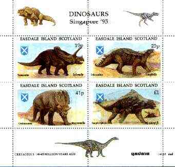 Easdale 1995 'Singapore 95' Stamp Exhibition (Dinosaurs #2 - Cretaceous Period) perf sheetlet containing set of 4 rejected by printer due to over-inking (blue) unmounted mint