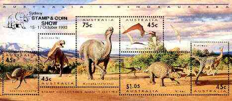 Australia 1993 Prehistoric Animals m/sheet containing complete set of 6, overprinted for Sydney Stamp & Coin Show, see note after SG MS 1429 unmounted mint