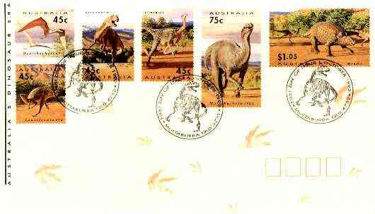 Australia 1993 Prehistoric Animals complete set of 6 on cover with special first day cancel, SG 1423-28