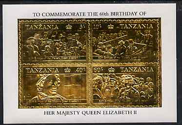 Tanzania 1987 Queen's 60th Birthday perf souvenir sheet containing the 4 values embossed in 22k gold foil unmounted mint (as SG MS 521)