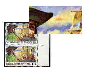 St Kitts-Nevis 1970-74 L'Ollonois & Pirate Carrack 6c unmounted mint with 'Red Mark on Cloud' variety in pair with normal, SG 212var