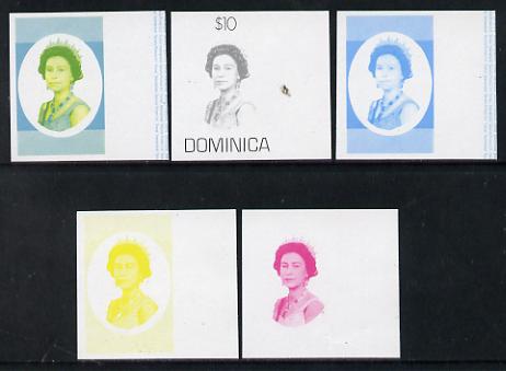 Dominica 1975-78 Queen Elizabeth II $10 set of 5 imperf progressive colour proofs comprising the 4 basic colours plus blue & yellow composite (as SG 507) unmounted mint