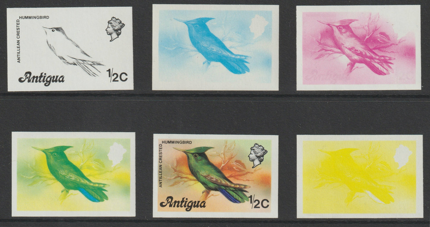 Antigua 1976 Crested Hummingbird 1/2c (without imprint) set of 6 imperf progressive colour proofs comprising the 4 basic colours, blue & yellow composite plus all 4 colours (as SG 469A) unmounted mint