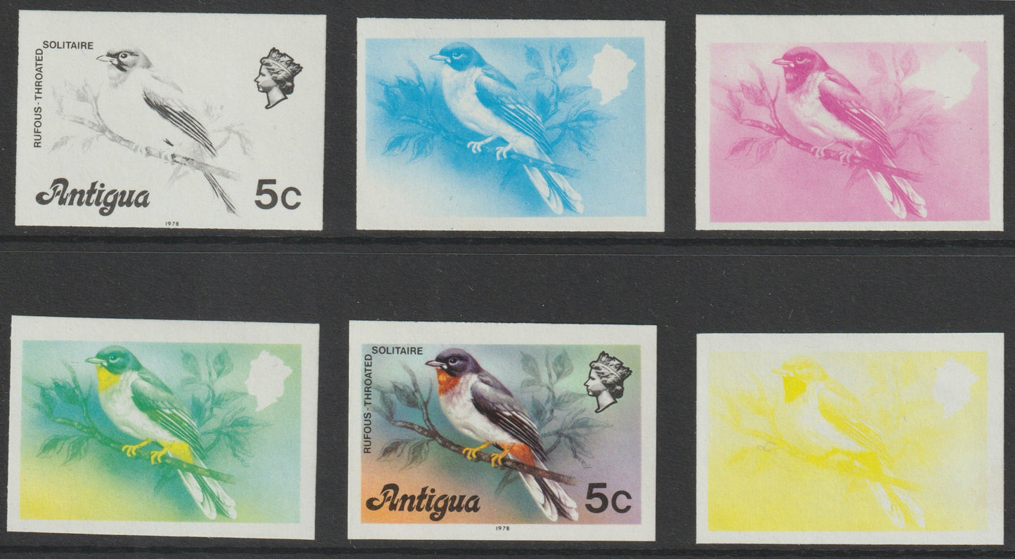 Antigua 1976 Solitaire Bird 5c (with imprint) set of 6 imperf progressive colour proofs comprising the 4 basic colours, blue & yellow composite plus all 4 colours (as SG 474B) unmounted mint