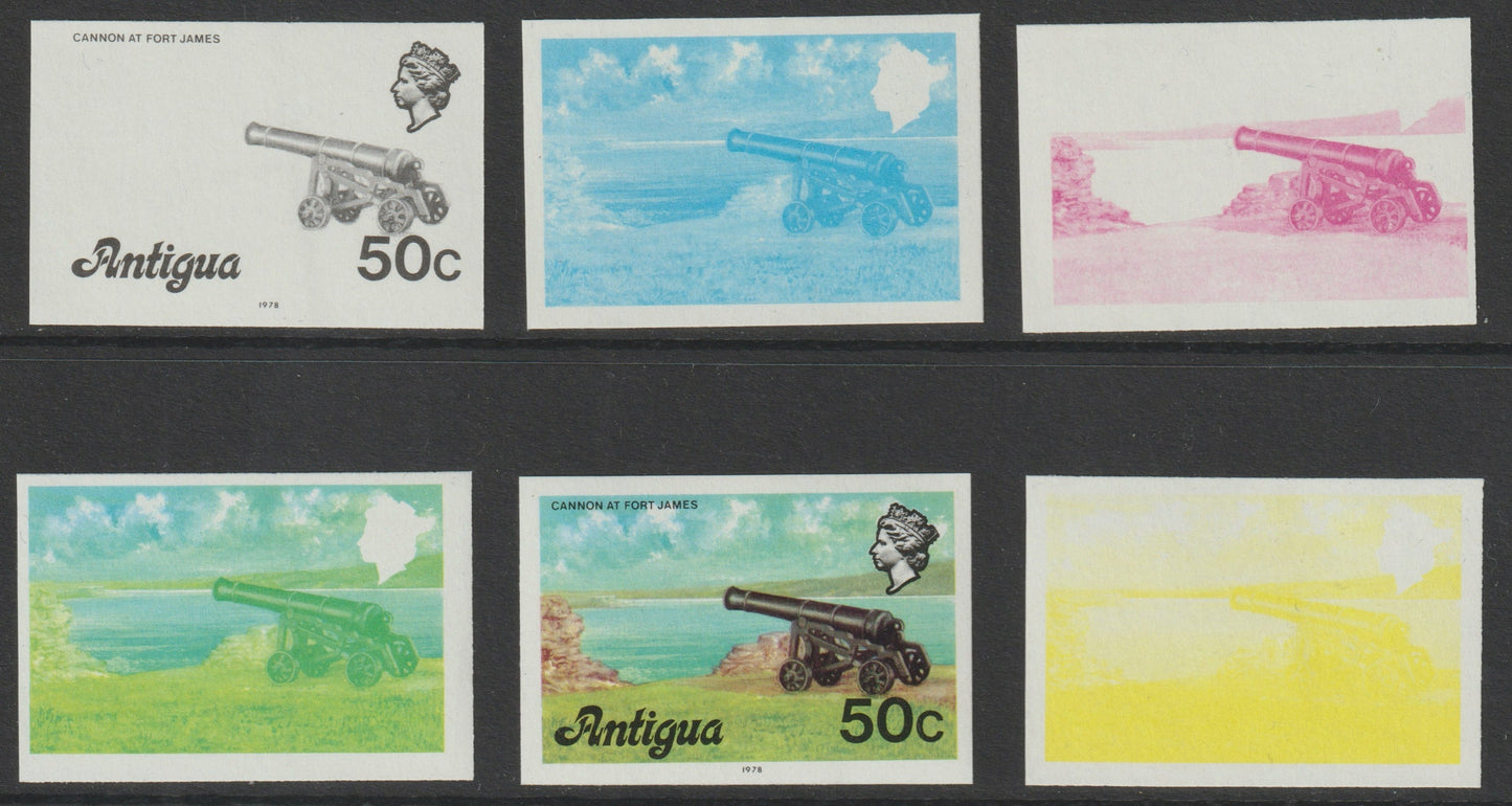 Antigua 1976 Cannon 50c (with imprint) set of 6 imperf progressive colour proofs comprising the 4 basic colours, blue & yellow composite plus all 4 colours (as SG 481B) unmounted mint