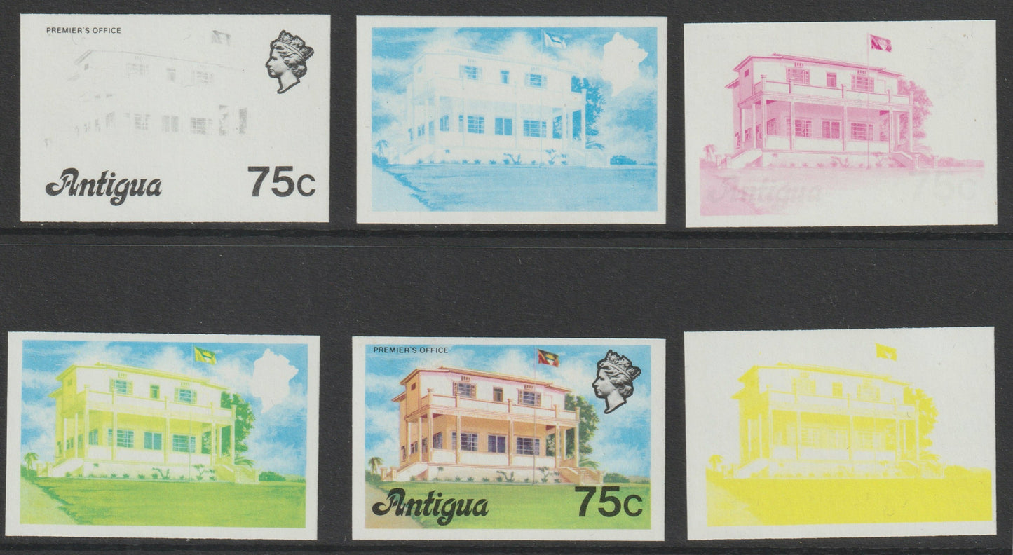 Antigua 1976 Premier's Office 75c (without imprint) set of 6 imperf progressive colour proofs comprising the 4 basic colours, blue & yellow composite plus all 4 colours (as SG 482A) unmounted mint