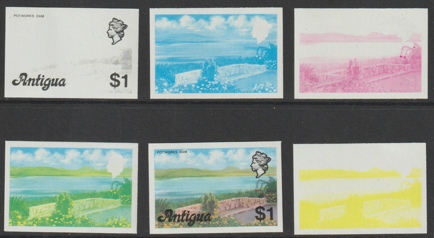 Antigua 1976 Potworks Dam $1 (without imprint) set of 6 imperf progressive colour proofs...Details below