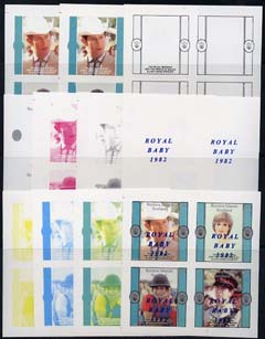 Bernera 1982 Royal Baby opt on Royal Wedding imperf sheetlet containing 4 values, the set of 11 imperf progressive colour proofs comprising single colours and various colour combinations incl completed design (44 proofs) unmounted mint