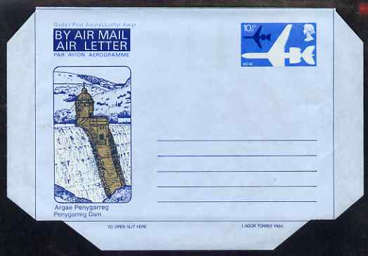 Aerogramme - GB Great Britain 1978? 10.5p Air Letter (VC10) featuring Penygarreg Dam, Conwy Castle & Rugby, unused and fine (folded along fold lines)