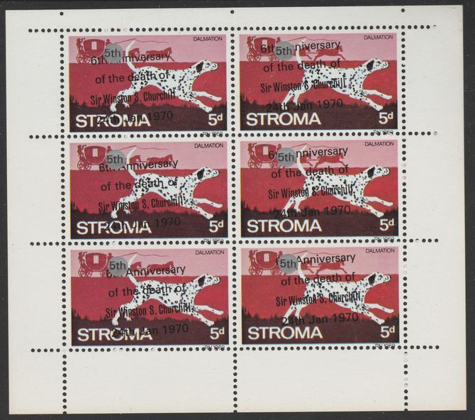 Stroma 1970 Dogs 5d (Dalmation) opt'd '6th Anniversary of Death of Sir Winston Churchill' in error, and corrected to 5th - sheetlet of 6 with original opt misplaced so that 5th does not cover 6th
