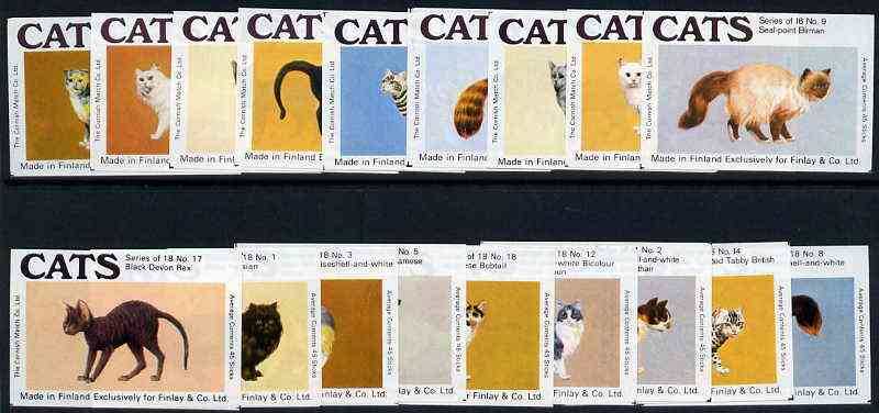 Match Box Labels - complete set of 18 Cats, superb unused condition (Cornish Match Co for Finlays)
