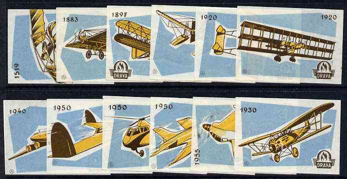 Match Box Labels - complete set of 12 History of Aviation, superb unused condition (Yugoslavian Drava series)