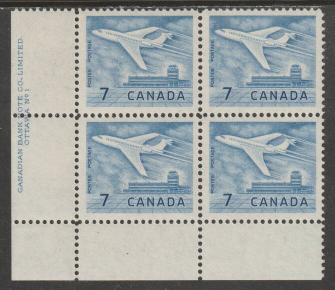 Canada 1964 Douglas DC-9 Aircraft 7c imprint Pate block of 4 (Plate No. 1) from SW corner of sheet unmounted mint SG 540