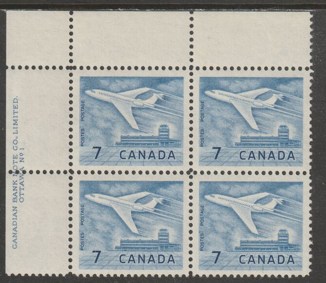 Canada 1964 Douglas DC-9 Aircraft 7c imprint Pate block of 4 (Plate No. 1) from NW corner of sheet unmounted mint SG 540