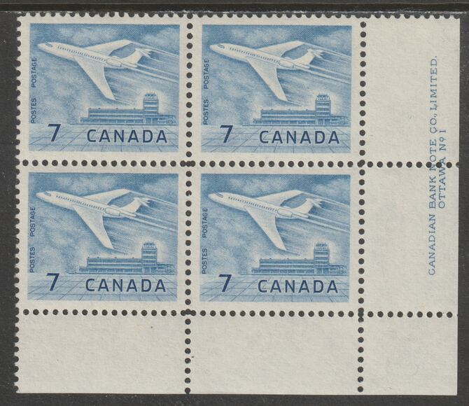 Canada 1964 Douglas DC-9 Aircraft 7c imprint Pate block of 4 (Plate No. 1) from SE corner of sheet unmounted mint SG 540