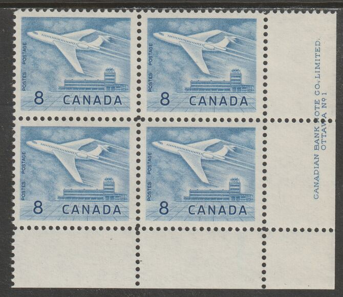 Canada 1964 Douglas DC-9 Aircraft 8c imprint Pate block of 4 (Plate No. 1) from SE corner of sheet unmounted mint SG 540a