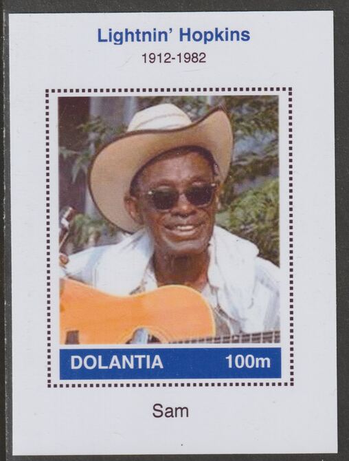 Dolantia (Fantasy) Lightnin' Hopkins imperf deluxe sheetlet on glossy card (75 x 103 mm) unmounted mint