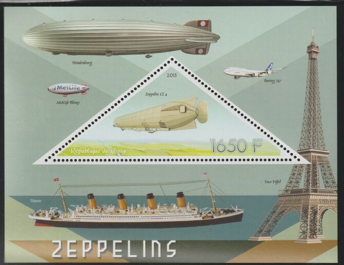 Congo 2015 Zeppelins perf deluxe sheet containing one triangular value unmounted mint