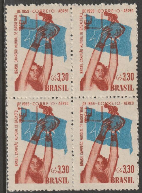 Brazil 1959 Basketball Championships 3c30 block of 4, one stamp with BASKETB error unmounted mint, SG 1003var