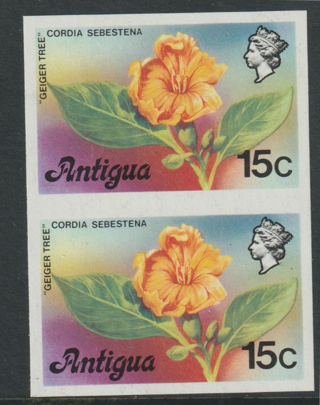 Antigua 1976 Geiger Tree 15c (without imprint) unmounted mint imperforate pair (as SG 477A)