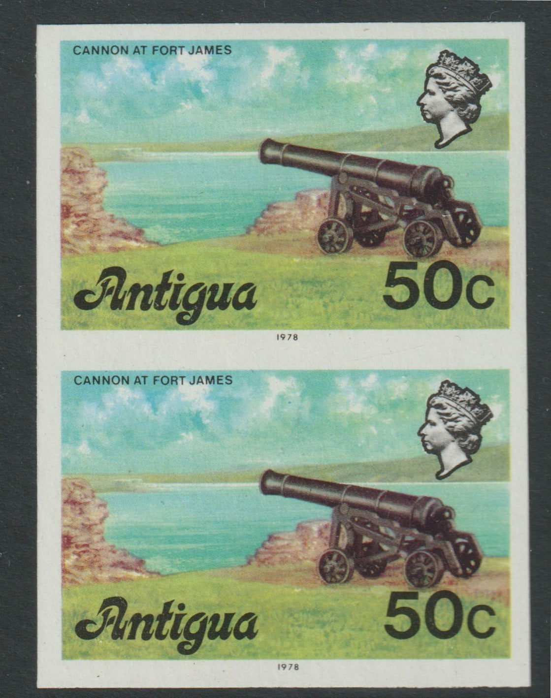 Antigua 1976 Cannon 50c (with imprint) unmounted mint imperforate pair (as SG 481B)