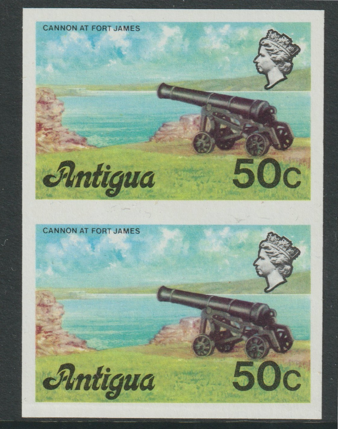 Antigua 1976 Cannon 50c (without imprint) unmounted mint imperforate pair (as SG 481A)