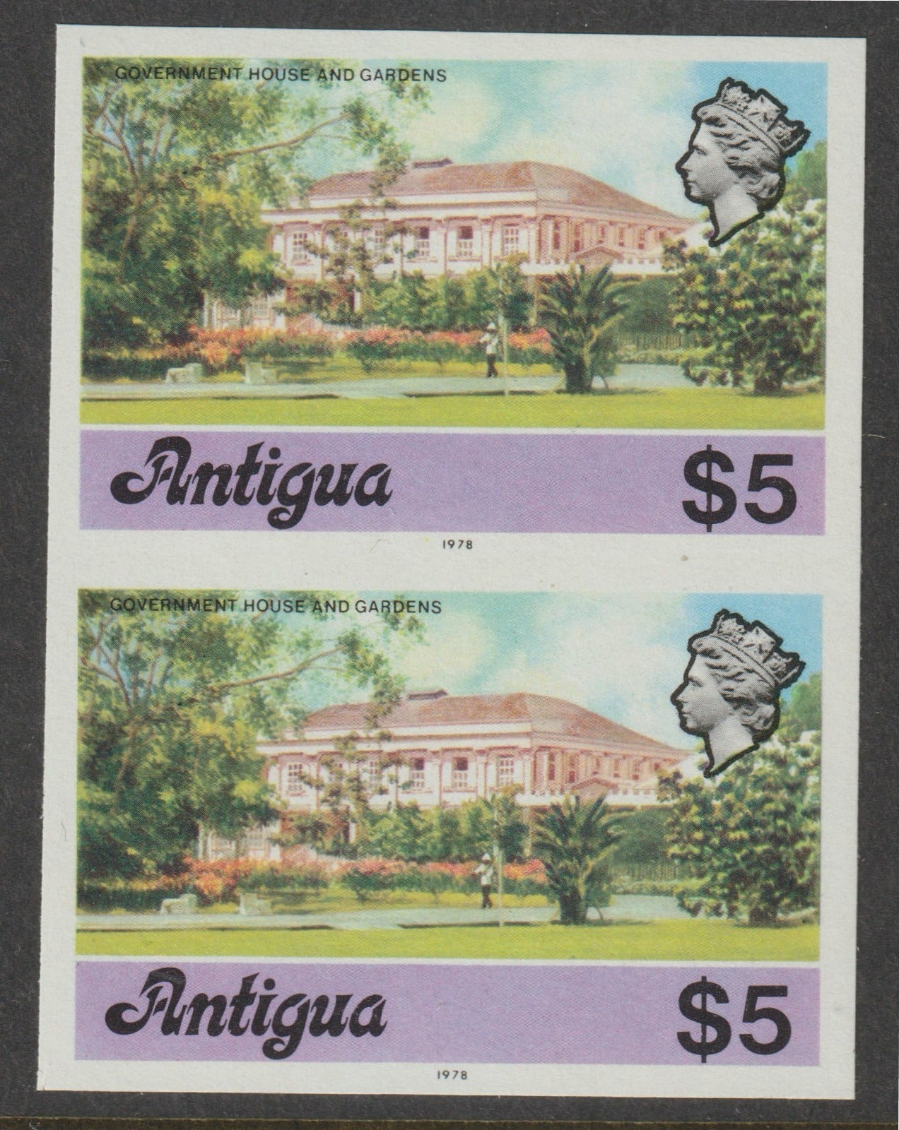 Antigua 1976 Government House $5 (with imprint) unmounted mint imperforate pair (as SG 485B)