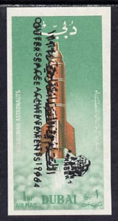 Dubai 1964 Space Achievements 1r imperf with opt reading downwards doubled. More......