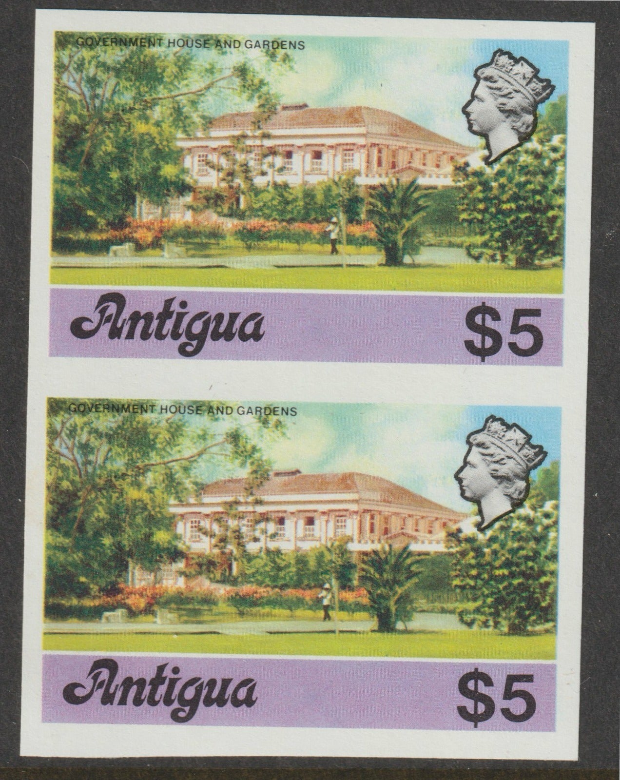 Antigua 1976 Government House $5 (without imprint) unmounted mint imperforate pair more,.....