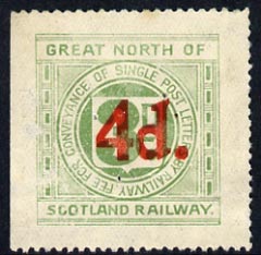 Cinderella - Great Britain 1925 Great North of Scotland Railway 4d in red on 3d green letter stamp (disturbed gum)*
