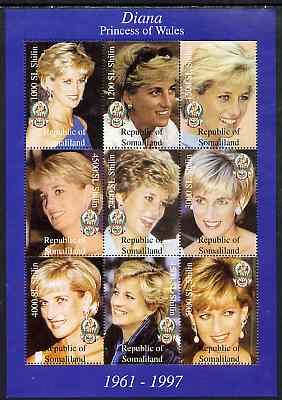 Somaliland 1998 Princess Diana perf sheetlet containing complete set of 9 values unmounted mint