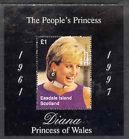 Easdale 1998 Diana, The People's Princess perf souvenir sheet #2 (£1 value Portrait with black background) overprinted In Memorium, 1st Anniversary unmounted mint