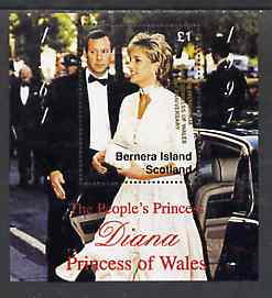 Bernera 1998 Diana, The People's Princess perf souvenir sheet (£1 value Arriving for a Function) opt'd In Memorium, 1st Anniversary unmounted mint