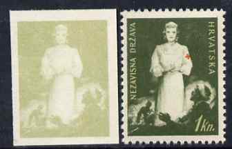 Croatia 1942 Red Cross Fund imperf proof of 1k in green only (on ungummed paper) plus perforated issued stamp