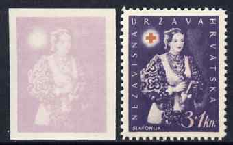 Croatia 1942 Red Cross Fund imperf proof of 3k + 1k in violet only (on ungummed paper) plus perforated issued stamp