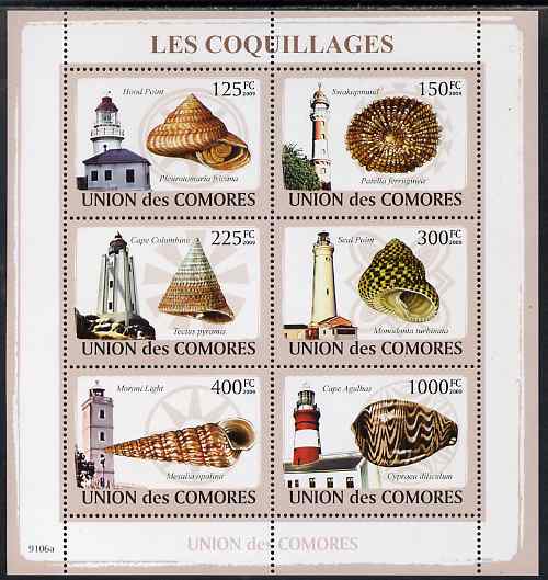 Comoro Islands 2009 Lighthouses & Shells perf sheetlet containing 6 values unmounted mint