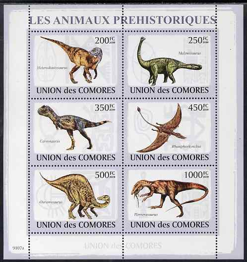 Comoro Islands 2009 Dinosaurs perf sheetlet containing 6 values unmounted mint
