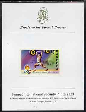 Barbuda 1976 Montreal Olympic Games imperf proof of UNISSUED 40c (Weight Lifting) stamp size in full colour mounted on Format Proof card 96 mm x 127mm, superb & rare